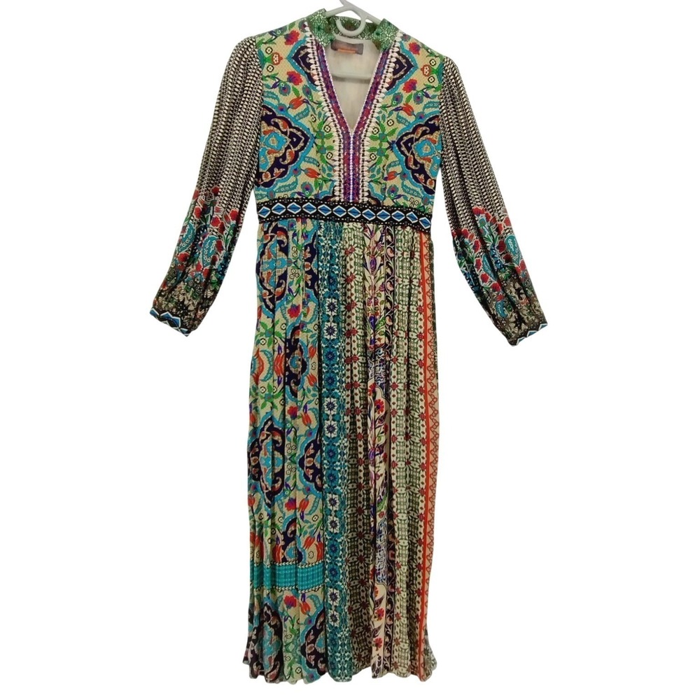 Bhanuni by Jyoti Beaded Patterned Maxi Dress Blue Green Anthropologie Boho